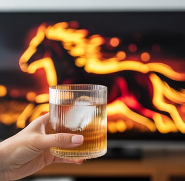 A woman holding a white Negroni, in a vertically striped low ball glass watching a Fire Horse on TV