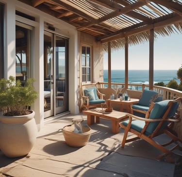 a patio with a table and chairs and a potted plant