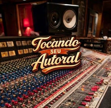 Professional music studio mixing console with studio monitor speakers and Tocando Seu Autoral logo.