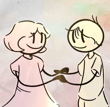 a drawing of a man and woman holding hands