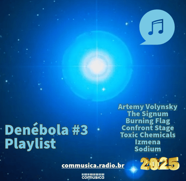 a blue and white poster with a music note and a notepad