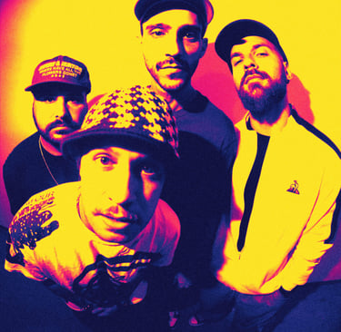 Stylized band portrait featuring four men in hats with a high-contrast yellow and purple duotone filter.