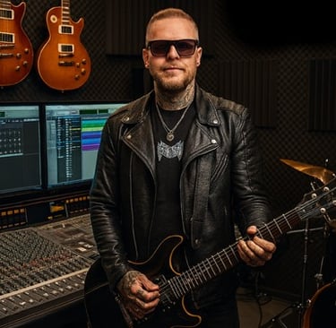 Tattooed music producer in a leather jacket holding an electric guitar in a professional recording studio.