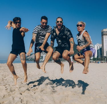 a group of people jumping in the air