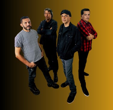 A four-man rock band in casual denim and flannel posing against a gold and black background.