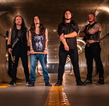 a group of men standing in a tunnel