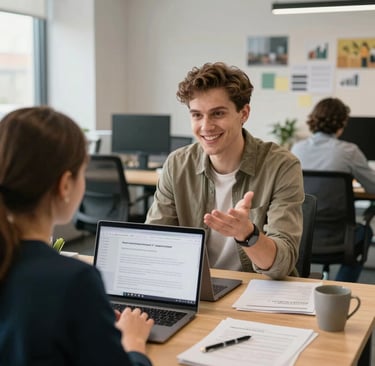 A focused professional brainstorming marketing ideas on a whiteboard in a bright office.