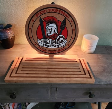 a wooden table with a wooden sign that says,'the name of the restaurant