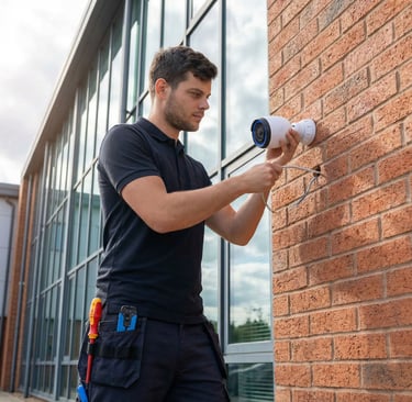 Foto van een monteur (denetwerkmonteur) die een UTP kabel doorvoert voor de installatie van een PoE Camera van Unifi. 