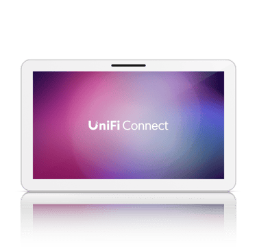 Ubiquiti UniFi Connect white digital signage display with a colorful screen and reflection.
