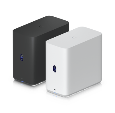 Black and white NAS-systems with digital status displays for high-speed local file storage.