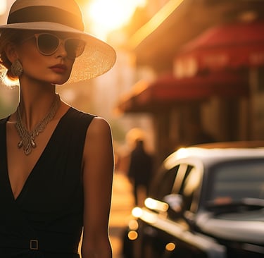 a sugar mommy in a hat and sunglasses on a city street