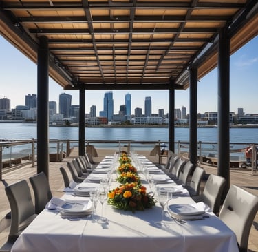 a table setting with a long table and chairs