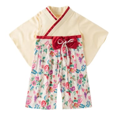 bebe sakura, baby yukata/hakama in beige and floral pattern with red bow