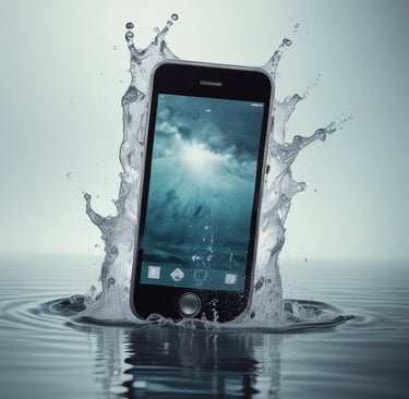 A waterproof smartphone creating a large water splash after falling into a deep blue pool.