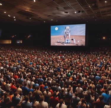 A vibrant movie night scene with a large screen and audience enjoying the show.
