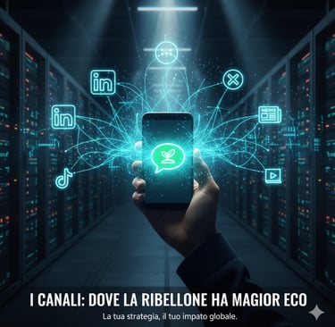 Una mano tiene uno smartphone da cui si irradiano icone di diverse piattaforme social (LinkedIn, Twi