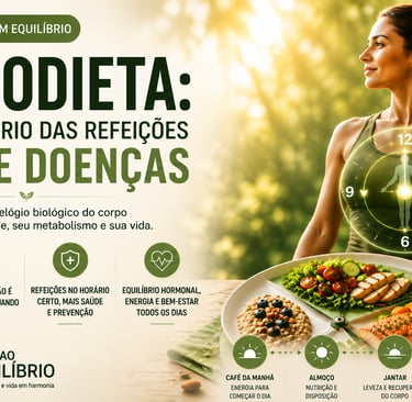 "Ilustração sobre cronodieta mostrando como o horário das refeições e o relógio biológico influencia