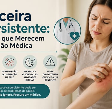 Mulher com coceira persistente no braço e sinais de alerta.