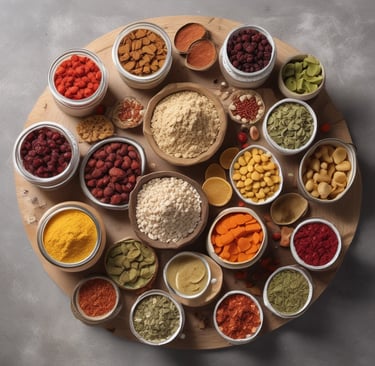 A market stall features a variety of packaged snacks. There is a large orange plastic bag filled with crunchy noodles. Nearby, a transparent mesh bag contains lighter-colored puff snacks. Additionally, a stack of rectangular packaged snacks is visible, along with hanging colorful snack packets in the background.