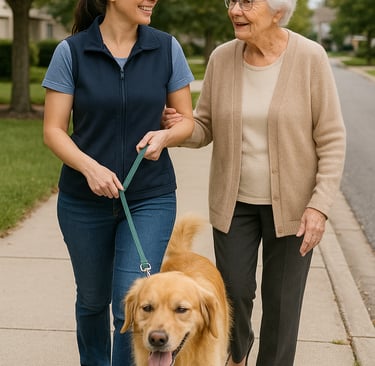 promenade d'un chien avec sa maitresse par services confort net
