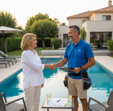 Propriétaire de piscine et pisciniste se serrant la main, ils viennent de convenir d'un contrat