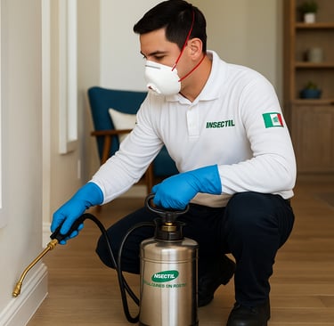 Especialista realizando servicio de de fumigación en la parte de zoclos