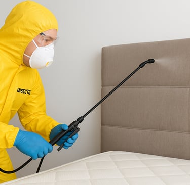 alt: "fumigación profesional de chinches en cama por técnico de Insectil"