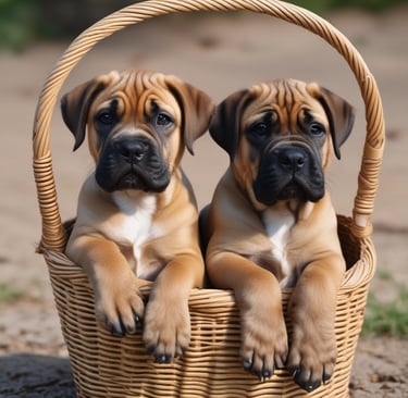 Two French Bulldogs with brindle coats sitting on a wooden floor in a sunlit room, with a tall plant in a bronze pot and part of a brown sofa visible in the background. The sunlight casts distinct shadows on the floor, highlighting the texture of the dogs' fur.