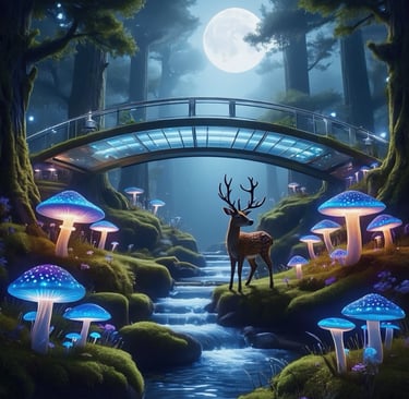 a deer standing in a forest with mushrooms and mushrooms