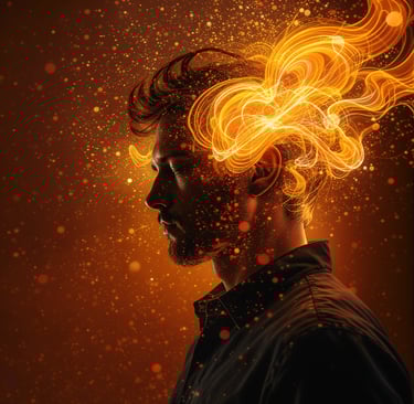 a man with focus and hair on fire