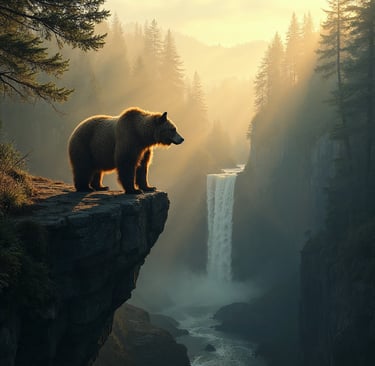 a bear standing on a cliff overlooking a waterfall