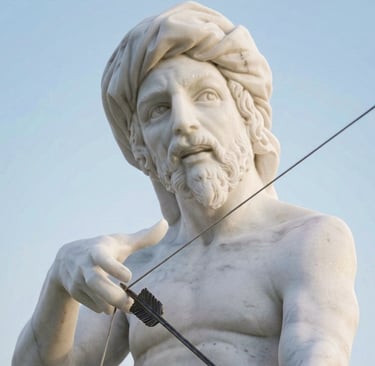 White marble statue of a Muslim archer with a traditional bow and arrow in a challenging stance