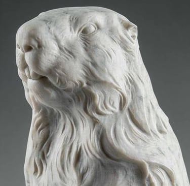 A detailed white marble sculpture of a groundhog or woodchuck standing upright.