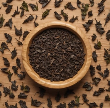 A bright and colorful tea packaging with fruit-themed designs sits on a table. A glass vase with green stems is placed nearby, alongside a cup of tea on a wooden coaster and a small decorative item resembling a dried flower. An orange background adds vibrancy to the scene.
