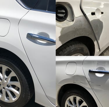 Before and after car body repair showing professional scratch removal and paint restoration.