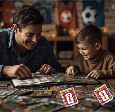 Father and son smiling while collecting FIFA World Cup trading cards and stickers in a binder.