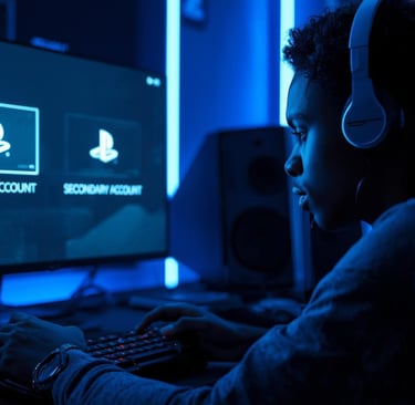 Gamer with white headphones selects a PlayStation primary account on a monitor in a blue-lit room.