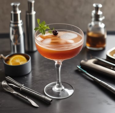 A cocktail glass filled with a golden-brown beverage sits on a polished wooden surface. The drink is adorned with a clear ice cube, a twist of orange peel, and a dark cherry skewer. The background is a bokeh effect with warm, blurry lights, adding to an elegant and cozy atmosphere.