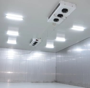 A cold room with a ceiling evaporators