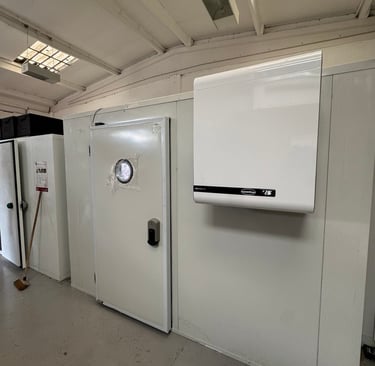 Walk-in freezer with straddle unit installed in a commercial facility in Birmingham, UK