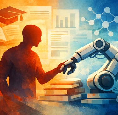 Abstract image of human human holding a robotic hand.