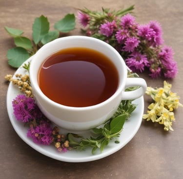 a cup of tea next to a napkin and a flower