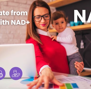 Woman working on a laptop while holding her baby, symbolizing energy, focus, and balance. The image