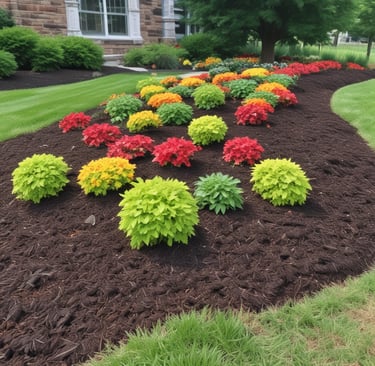 A lush garden landscape featuring a well-maintained green lawn bordered by dense, leafy trees and various flowering plants. Vibrant red flowers stand out against the greenery. Tall trees with sprawling branches frame the upper part of the scene, and sunlight filters through, casting dappled shadows on the ground.