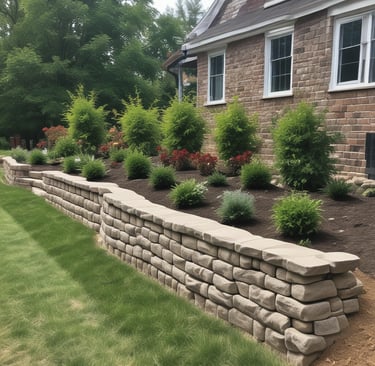 A lush green garden with well-maintained grass and a variety of potted plants. There are two decorative deer statues positioned on the grass. The scene is enriched with solar panels aligned on the right side and a wooden fence in the background. The landscape is set against a backdrop of trees and a clear blue sky.