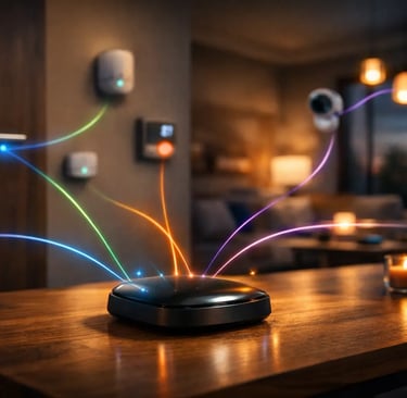 Smart home hub connecting lights, lock, sensors, and camera with glowing wireless links in a modern interior.