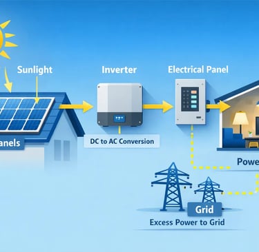 Solar panels converting sunlight into electricity on a home rooftop.