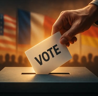 Close-up of a hand placing a voting slip into a transparent ballot box,symbolizing global democracy