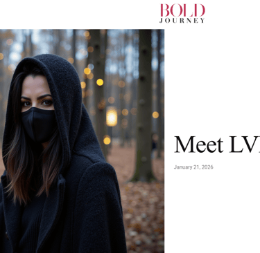 The cover of Bold Journey Magazine. LVF (@lvf.shadowwork) is a woman in black in the woods.
